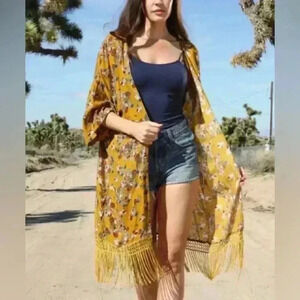 NWT SR Fashion‎ Boutique Womens L Mustard Floral Fringe Hem Boho Duster Kimono